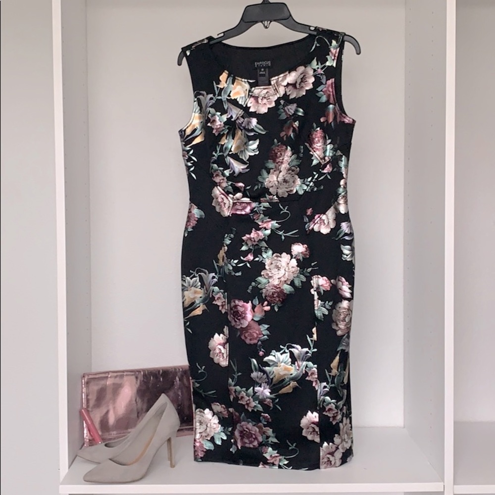 Women’s chic black dress, silver metallic floral